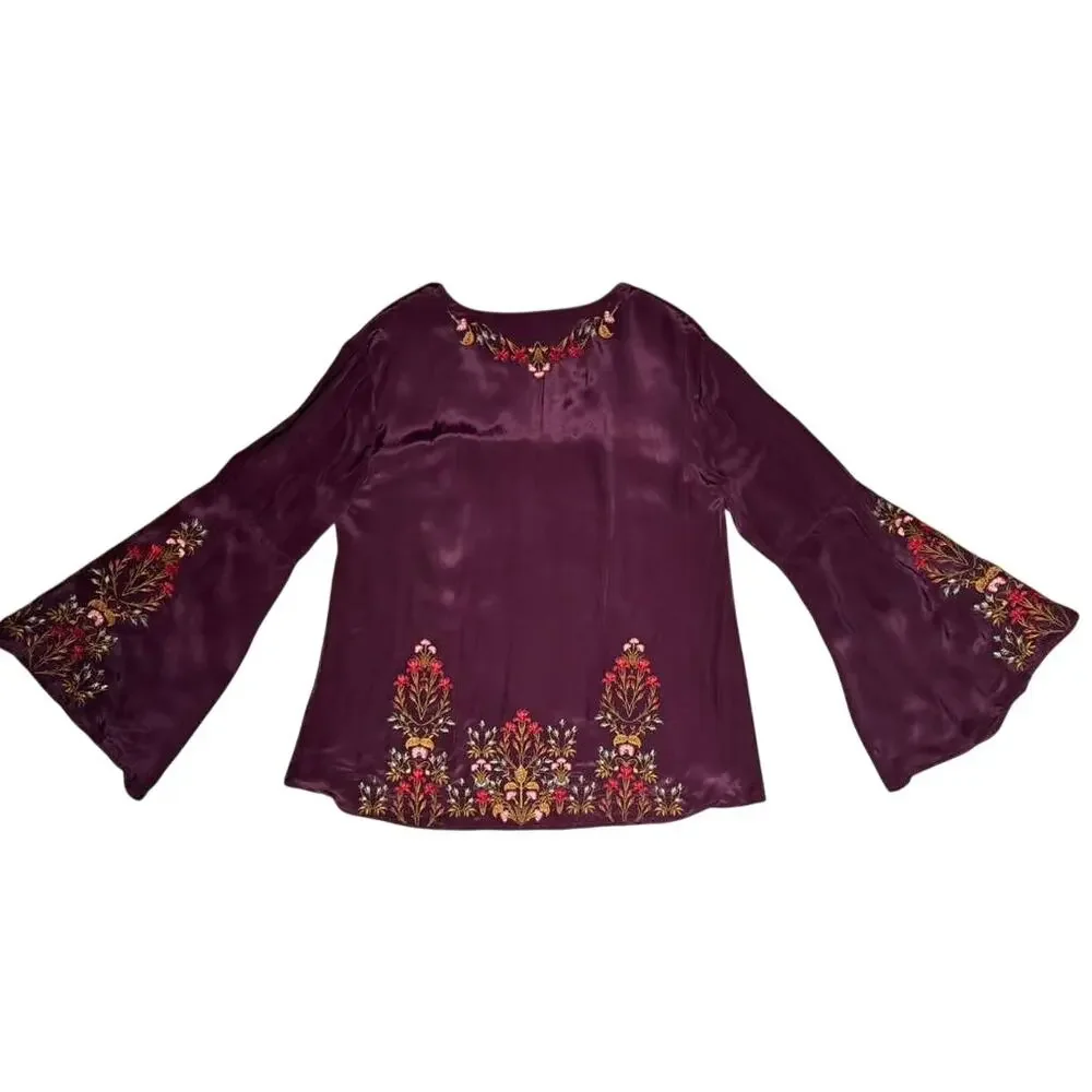 Sundance Embroidered Blouse Women's Small Burgundy V-Neck Bell Sleeve Boho - Picture 5 of 12